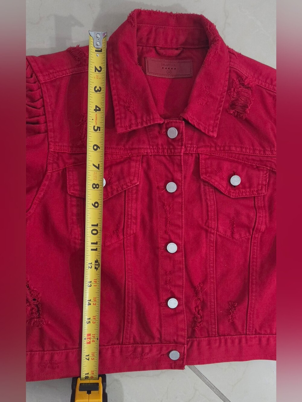 BLANKNYC Denim Jacket M Red Cropped Distressed Puff Sleeve Edgy Grunge Rocker - Picture 8 of 15